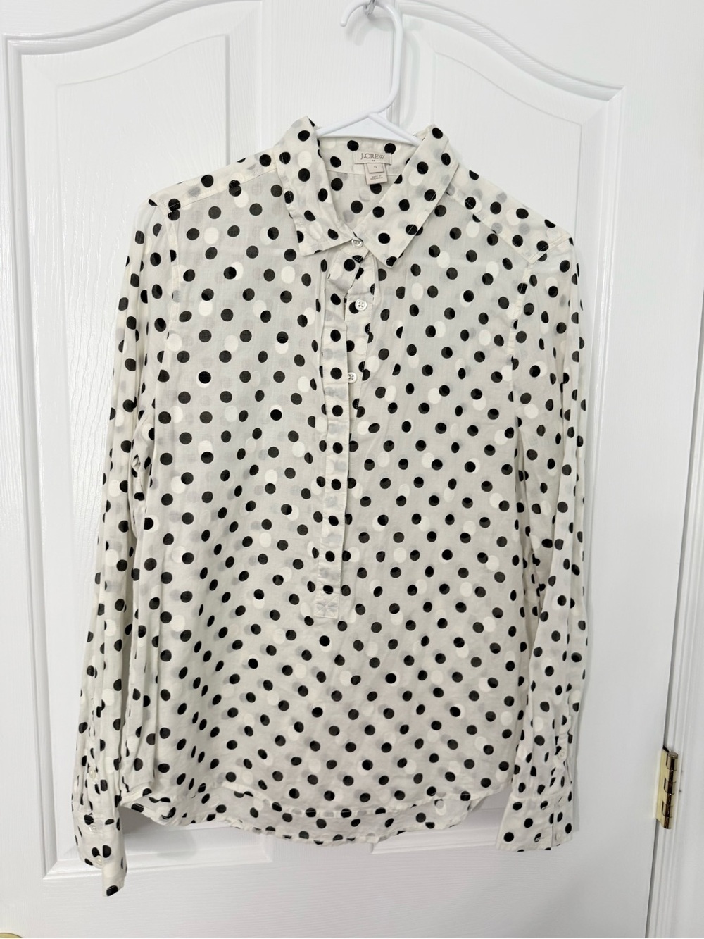 J. Crew Cream Half Button-Down Shirt with Black Polka Dots